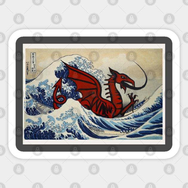 Welsh Dragon in the Great Wave off kanagawa Sticker by Teessential